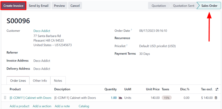 Patvirtintas pardavimo užsakymas dėl spintos su durimis Odoo pardavimo programoje.