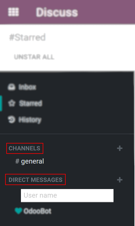 Rodinys „Discuss“ skydelyje, kuris pabrėžia kanalų ir tiesioginių žinučių pavadinimus Odoo Discuss.