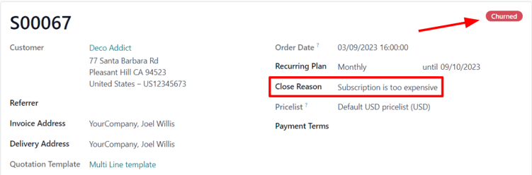 Išskirtas pardavimo užsakymas dėl uždaryto prenumeratos užsakymo „Odoo Subscriptions“.