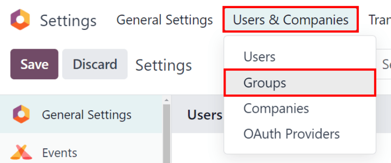 Grupės meniu Vartotojų ir įmonių skiltyje Parametrai programėlėje Odoo.