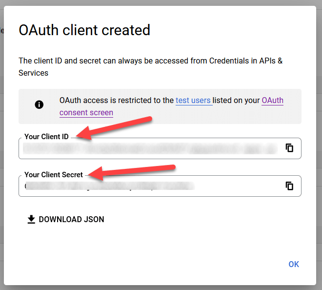 Kliento ID ir kliento slaptažodis skirti Google OAuth.