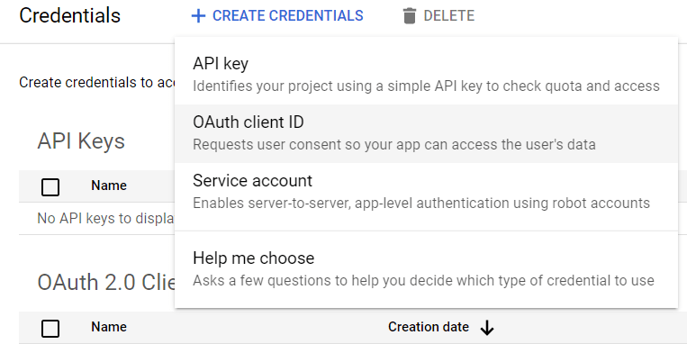 OAuth kliento ID pasirinkimas.