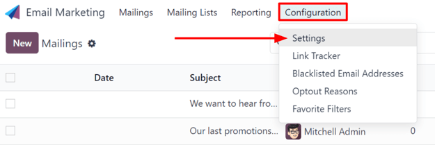 Konfigūracijos meniu vaizdas su „Nustatymų“ puslapiu „Odoo“ el. pašto rinkodaros programoje.