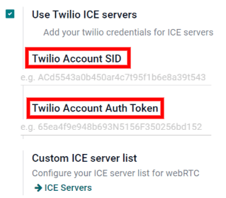 Įgalinkite parinktį „Naudoti Twilio ICE serverius“ Odoo Bendruosiuose nustatymuose.