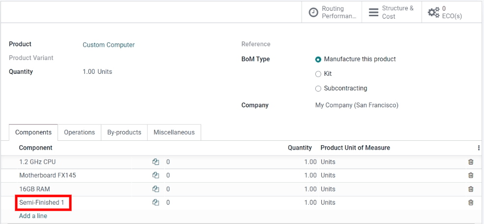 Medžiagų sąrašas aukščiausio lygio produktui, kuriame yra subasembly komponentas.