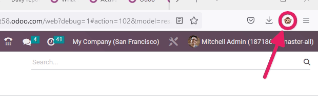 Google Chrome įrankių juostoje matomas Odoo debug ikonėlės vaizdas.