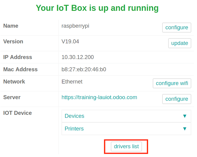 IoT dėžutės nustatymų ir tvarkyklių sąrašo peržiūra.