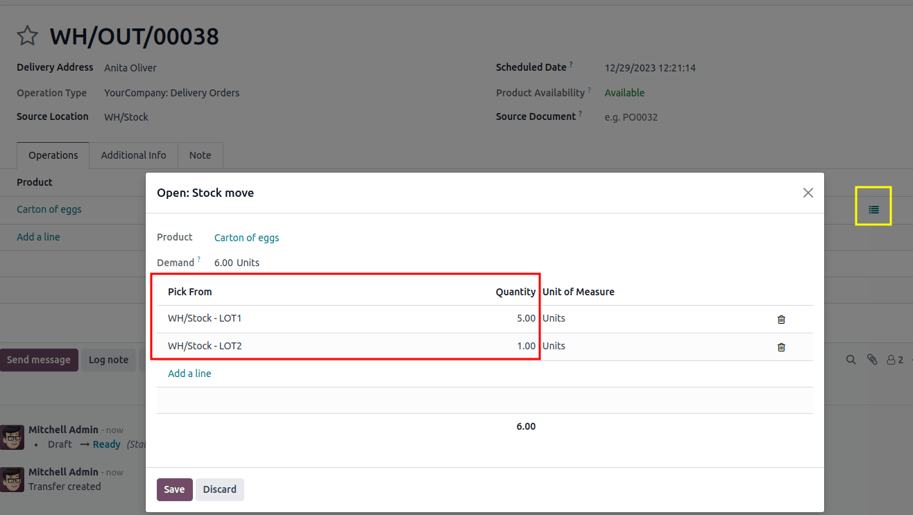 Atsargų judėjimo langas, rodantis partijas, pašalinamas naudojant FEFO.