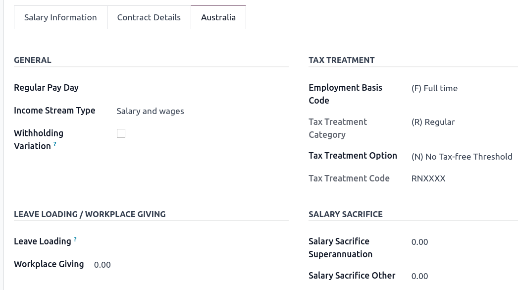 „Australijos“ atlyginimų skirtukas „Odoo“.