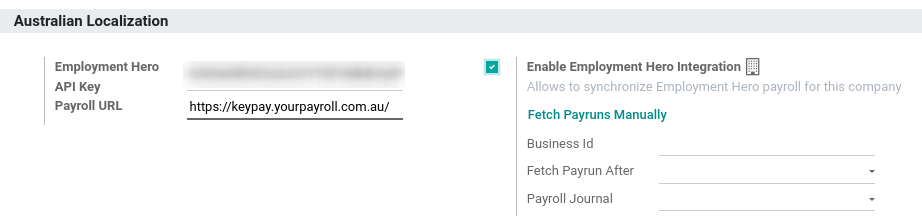 Įgalinant Employment Hero integraciją Odoo apskaitoje rodomi nauji laukai nustatymuose