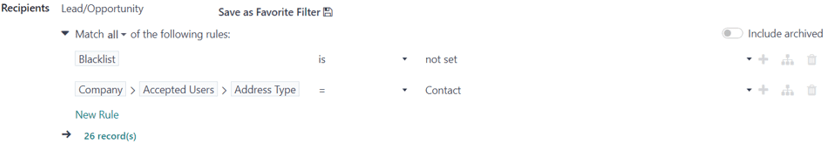 Vaizdas, kaip gavėjų filtrus galima pritaikyti Odoo el. pašto rinkodaroje.