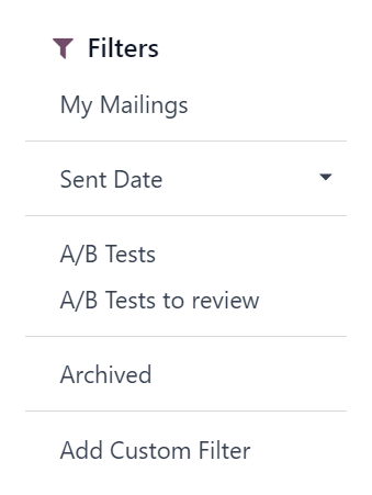 Filtrų išskleidžiamo meniu parinkčių vaizdas Odoo el. pašto rinkodaros informacijos suvestinėje.
