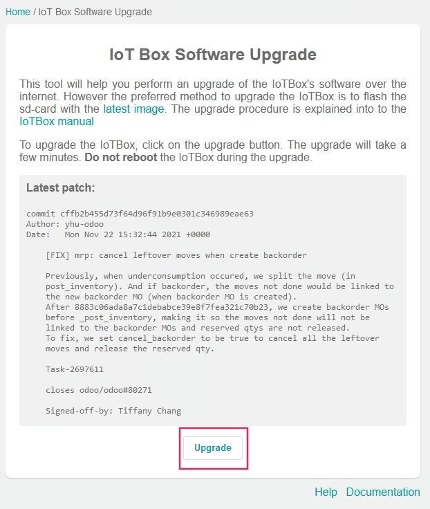 „IoT Box“ programinės įrangos atnaujinimas „IoT Box“ pagrindiniame puslapyje.