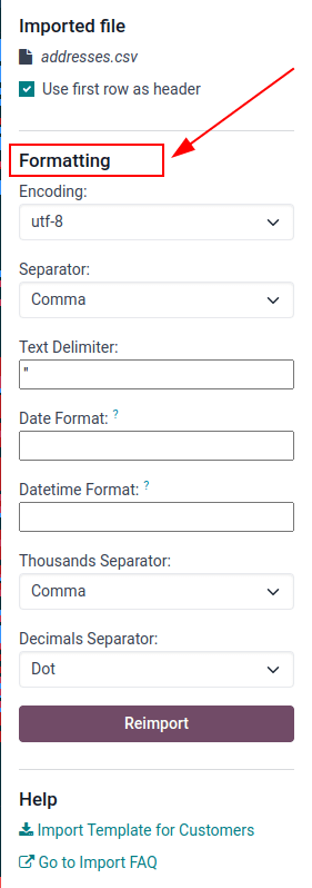 Formatavimo parinktys, pateikiamos importuojant CVS failą į Odoo.