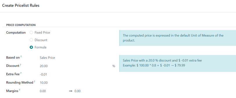 Pavyzdys, kaip Odoo Pardavimuose taikyti 20% nuolaidą su suapvalintomis kainomis iki 9,99.