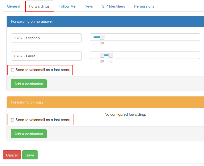 Paskutinės išeities parinktis „Siųsti į balso paštą“ pažymėta naudotojo persiuntimo skirtuke.