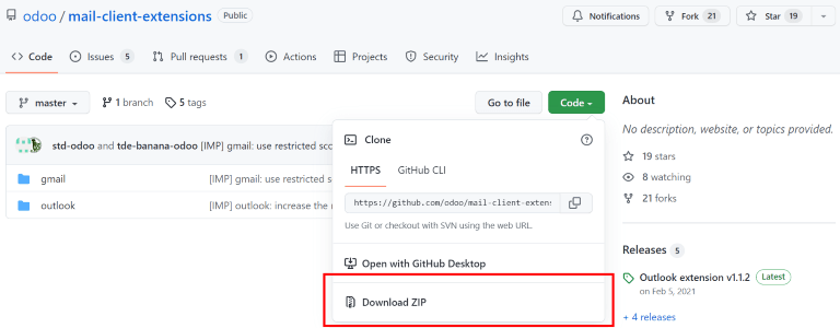 Atsisiųskite ZIP failą iš „Odoo GitHub“ saugyklos, skirtos pašto papildiniams.