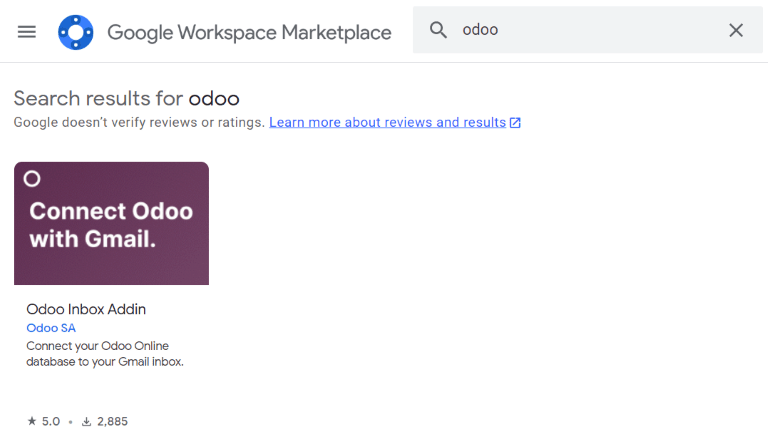 Odoo pašto dėžutės papildinys „Google Workspace Marketplace“.