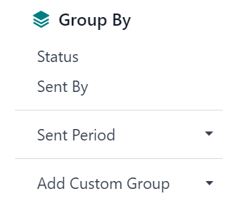 Odoo El. pašto rinkodaros programos Grupės pagal eilutė rodinio meniu.