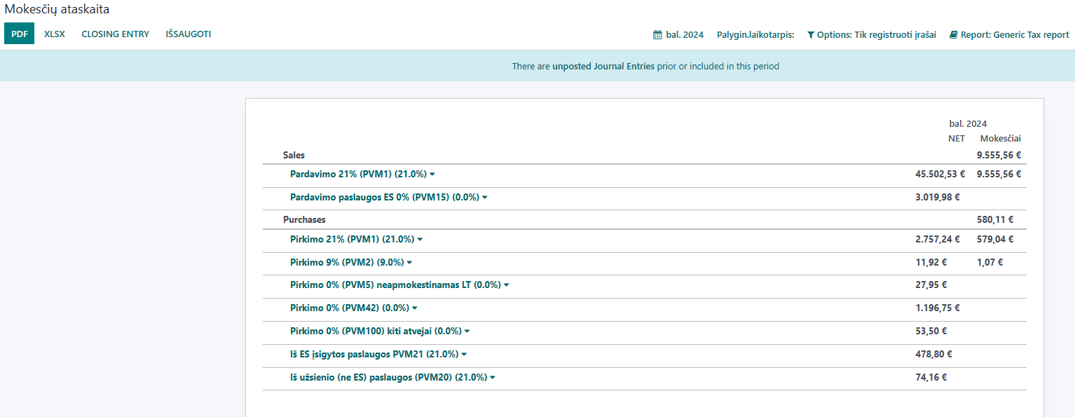 Spausdinti PDF ir xlsx formatu