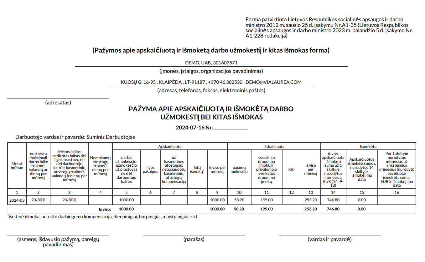 Atspausdinkite atlyginimo pažymą