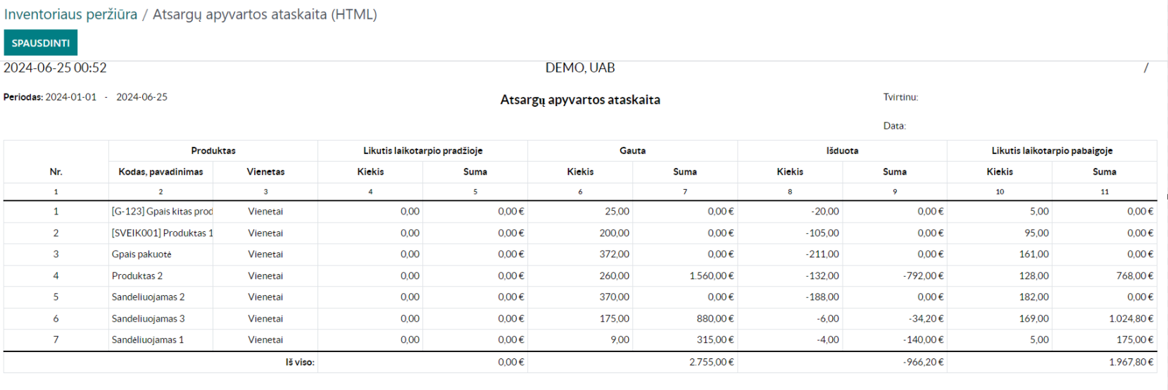 Ataskaitos formato parinktys