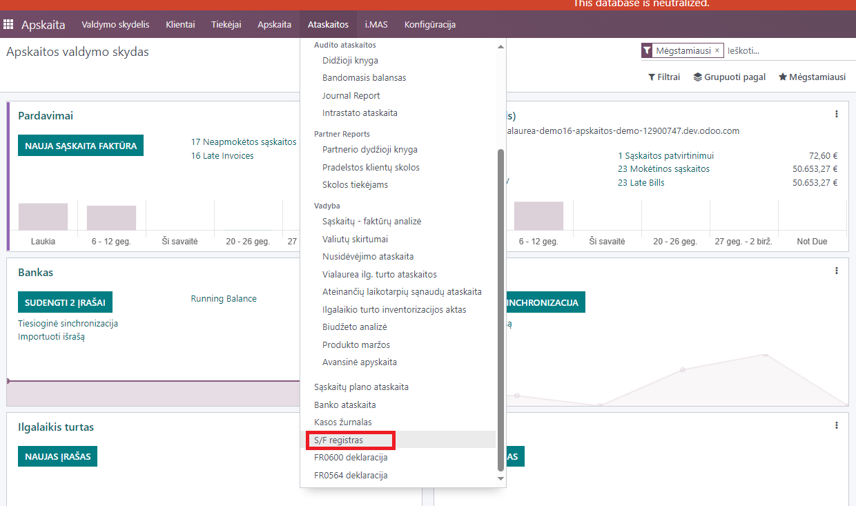 Pagrindinis meniu - Ataskaitos -> Sąskaitų registrai