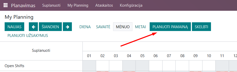 Pamainų planavimas Planavimo modulyje