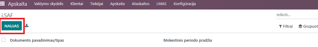 Pagrindinis meniu - i.MAS -> i.SAF nauja ataskaita