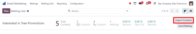 Kontaktų importavimo mygtukas siuntimo sąrašo eilutėje Odoo el. pašto rinkodaroje.