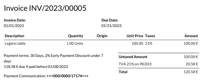 Sąskaita faktūra už 100,00 € su šia papildyta sąlyga: „30 dienų, 2% nuolaida už ankstyvą mokėjimą per 7 dienas. 118,58 € mokėtina, jei sumokėta iki 2023-08-01."