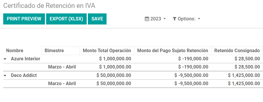 Certificado de Retención en IVA ataskaita Odoo apskaitoje.