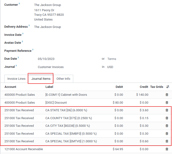 Sąskaitoje pažymėti žurnalų elementai Odoo sistemoje.