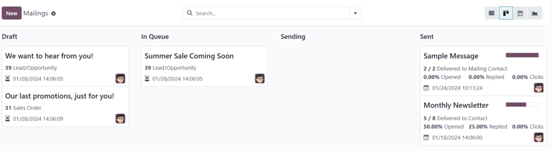Kanban vaizdas pagrindiniame Odoo El. pašto rinkodaros programos prietaisų skydelyje.