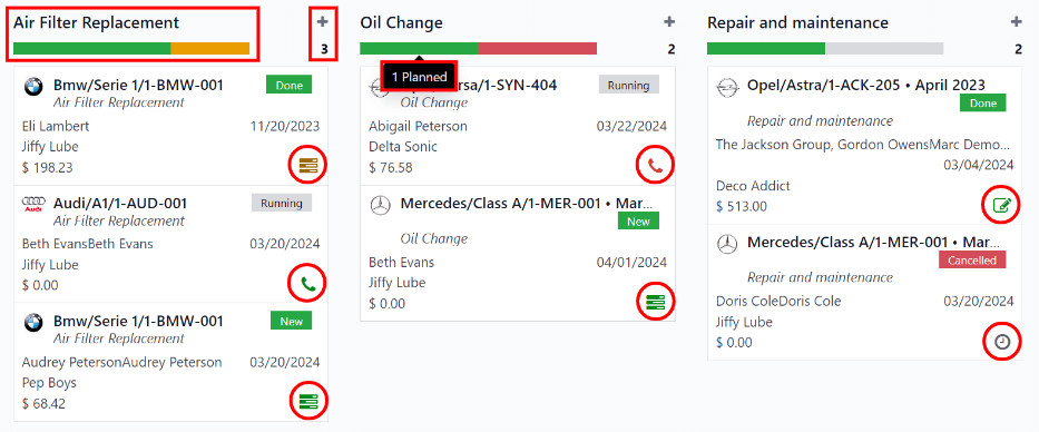 Paslaugų įrašai pateikiami Kanban vaizde.