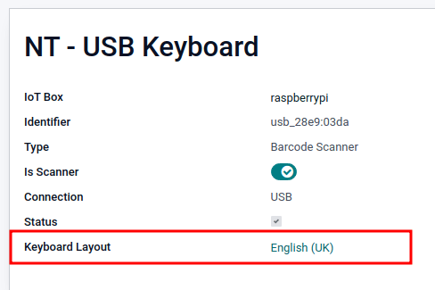 Brūkšninių kodų skaitytuvo formos puslapis, su paryškinta klaviatūros išdėstymo parinktimi.