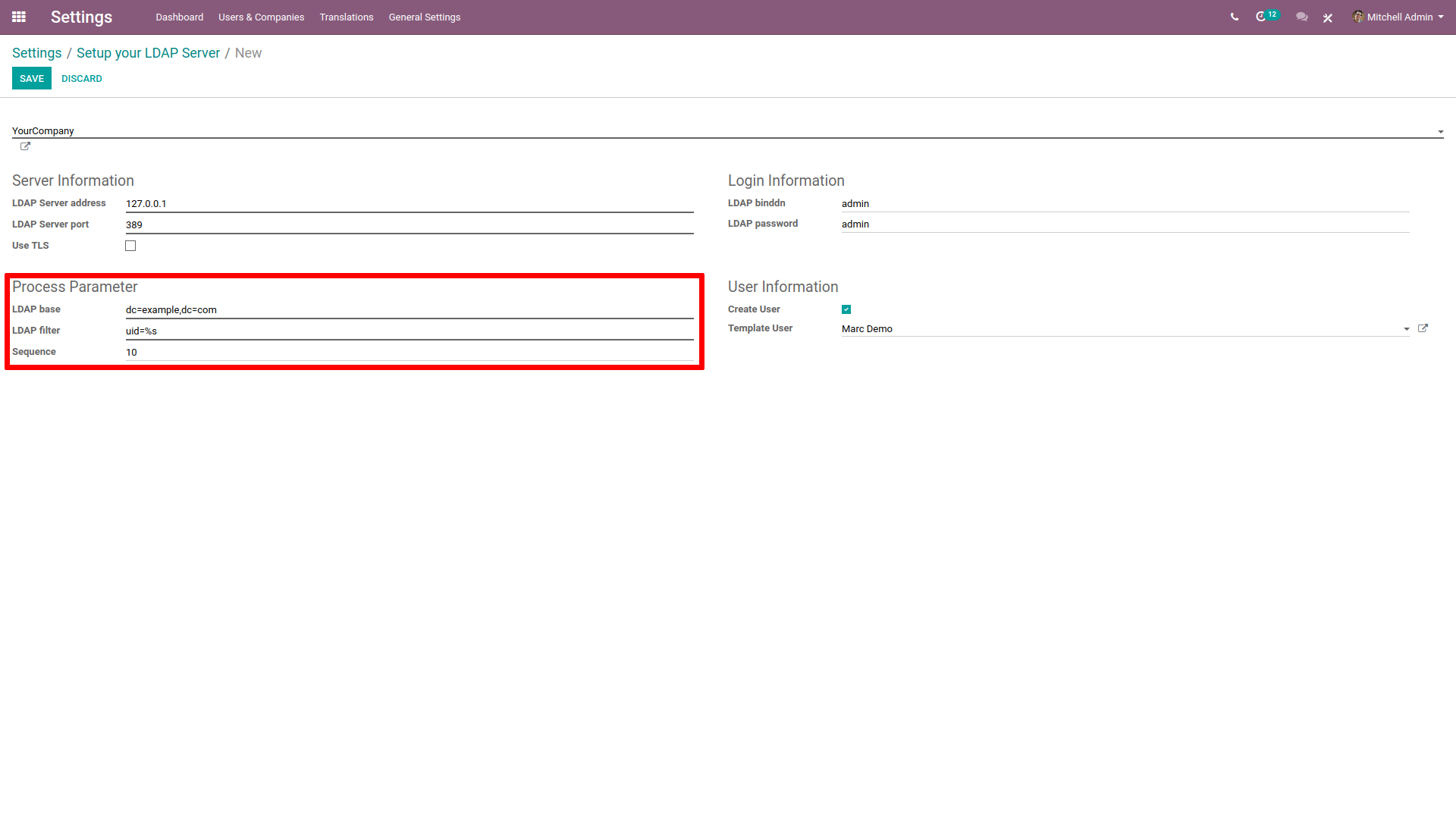 LDAP serverio nustatymuose Odoo paryškintas proceso parametras.