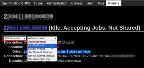 Pakeiskite DYMO LabelWriter gamintoją ir modelį. Parinkčių meniu "Priežiūra" ir "Pakeisti" paryškinti.