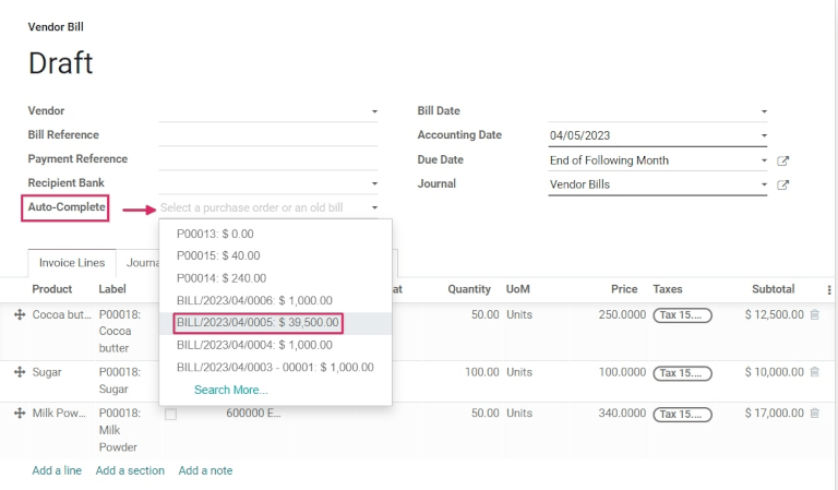 Automatinio užbaigimo išskleidžiamasis sąrašas tiekėjo sąskaitos projekte.