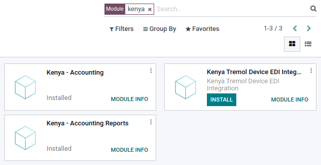 Trys moduliai Kenijos Fiskalinio Lokalizavimo Pakete "Odoo"