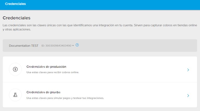 Gamybos ir testavimo kredencialai Mercado Pago.