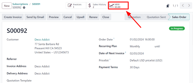 MRR išmanusis mygtukas Odoo Prenumeratų programoje.