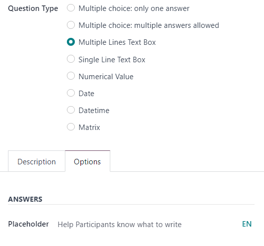 Kvietimo vietos laukas, kai pasirinkta kelias eilučių teksto langelio parinktis Odoo apklausose.