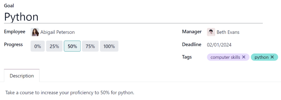 Tikslų forma užpildyta dėl „Python“ įgūdžio, nustatyta 50% kompetencija.