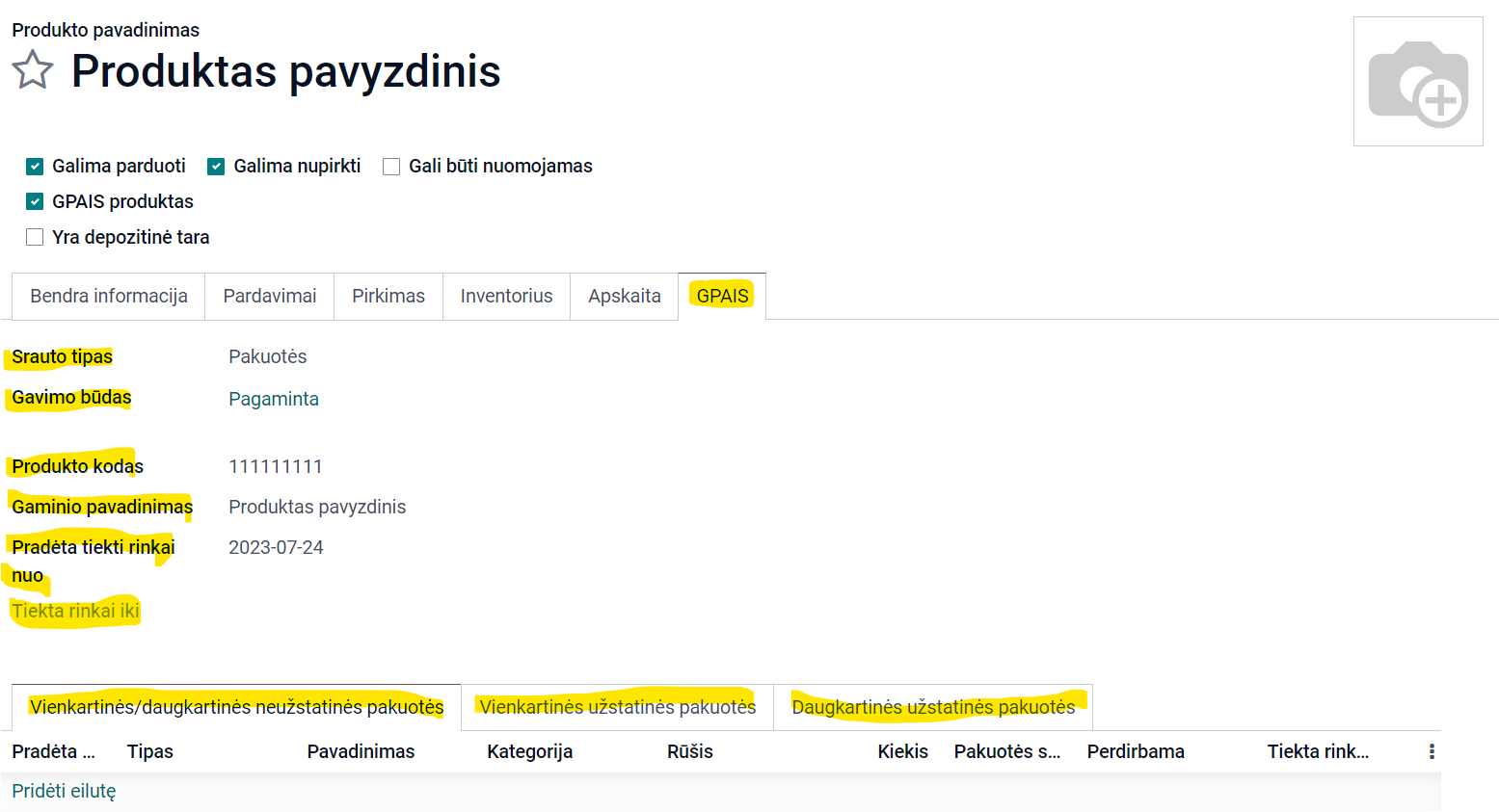 GPais pagrindinių produktų duomenų kortelė