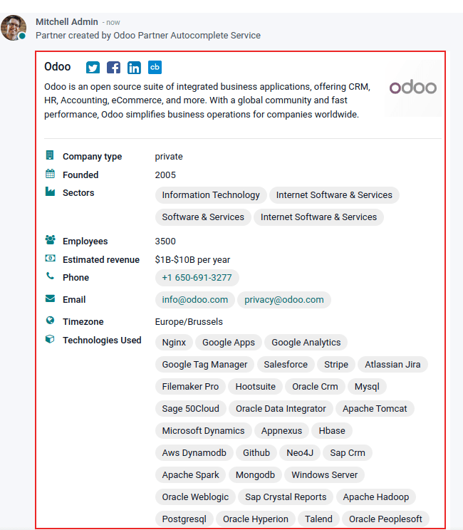 Informacijos, rodomos apie „Odoo“ su automatinio užbaigimo funkcija „Odoo“, peržiūra.