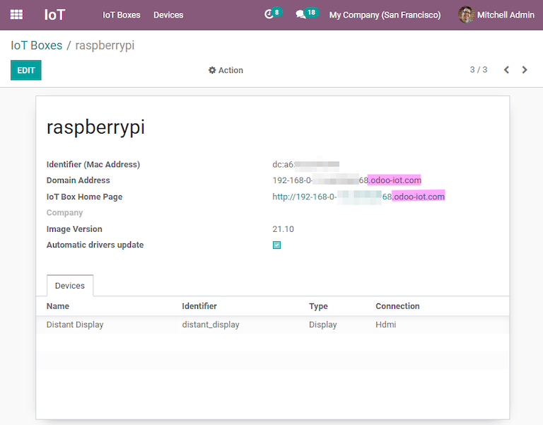 Odoo IoT programėlė IoT dėžutė su .odoo-iot.com domenu.