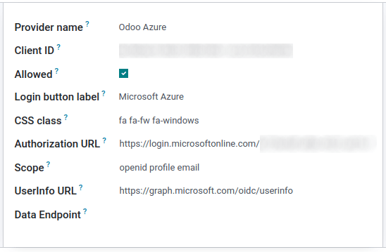 Odoo teikėjo nustatymas Nustatymų programoje.