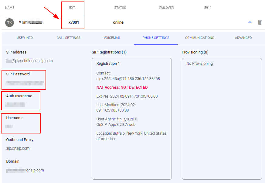 OnSIP vartotojo kredencialai su vartotojo vardu, autentifikavimo vardu, SIP slaptažodžiu ir plėtiniu pažymėtais.