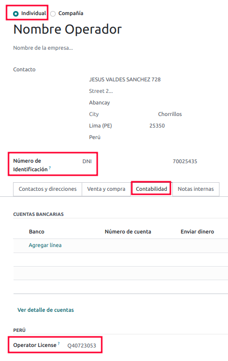 Individualių tipų operatorių konfigūracijos Kontaktų formoje.